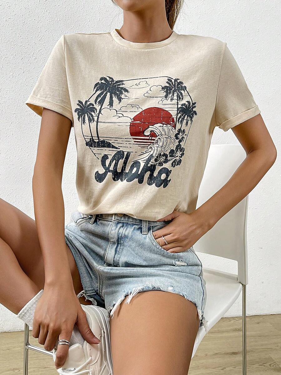 SHEIN EZwear 熱帶印花和字母圖案T恤