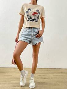 SHEIN EZwear 熱帶印花和字母圖案T恤