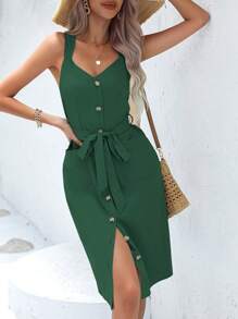 SHEIN LUNE Đầm Thắt lưng Nút phía trước màu trơn Giải trí - Màu xanh lá cây đậm - Xem 5