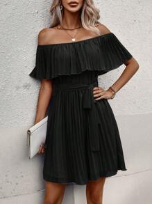 SHEIN Privé 一字肩百褶繫腰帶連衣裙 - 黑色 - 查看 3