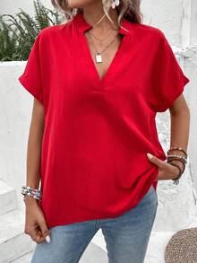 SHEIN LUNE Blusa unicolor de manga murciélago - Rojo - Ver 5