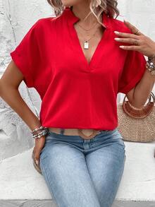 SHEIN LUNE Blusa unicolor de manga murciélago - Rojo - Ver 6