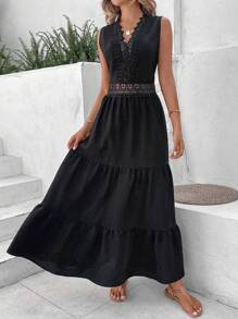 SHEIN Holidaya Guipure Lace Insert Ruffle Hem Dress