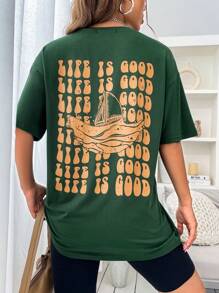 SHEIN Unity 船和標語圖案落肩T恤 - 墨綠色 - 查看 1