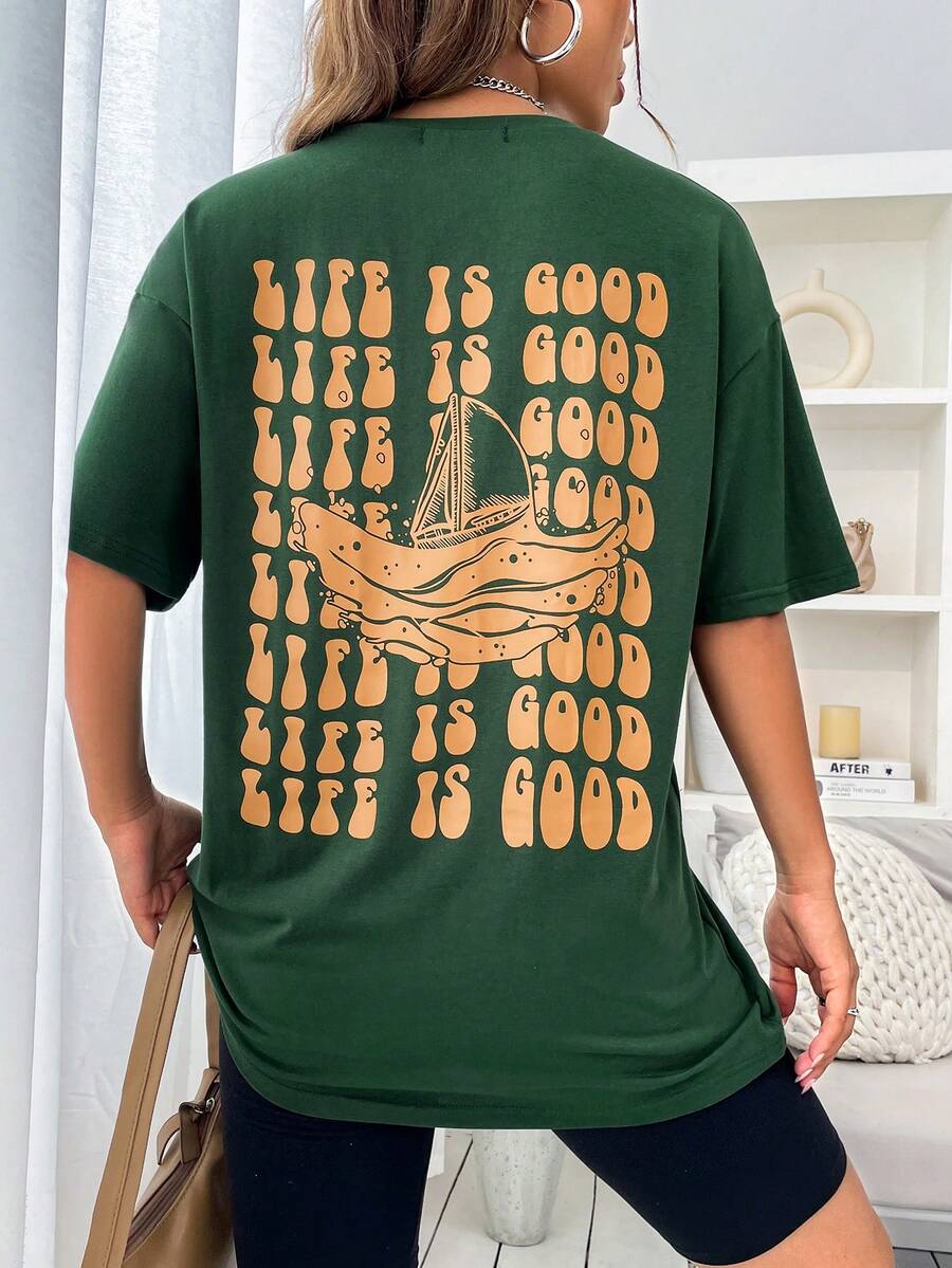 SHEIN Unity 船和標語圖案落肩T恤 - 墨綠色 - 查看 1