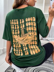 SHEIN Unity 船和標語圖案落肩T恤 - 墨綠色 - 查看 3