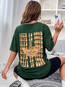 SHEIN Unity 船和標語圖案落肩T恤 - 墨綠色 - 查看 4