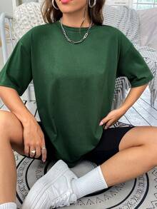 SHEIN Unity 船和標語圖案落肩T恤 - 墨綠色 - 查看 5