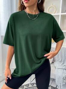 SHEIN Unity 船和標語圖案落肩T恤 - 墨綠色 - 查看 6