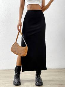 SHEIN EZwear Spring Summer Casual Solid Split Thigh Skirt