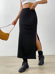 SHEIN EZwear Spring Summer Casual Solid Split Thigh Skirt