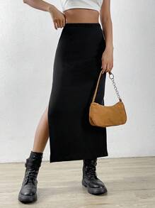 SHEIN EZwear Spring Summer Casual Solid Split Thigh Skirt