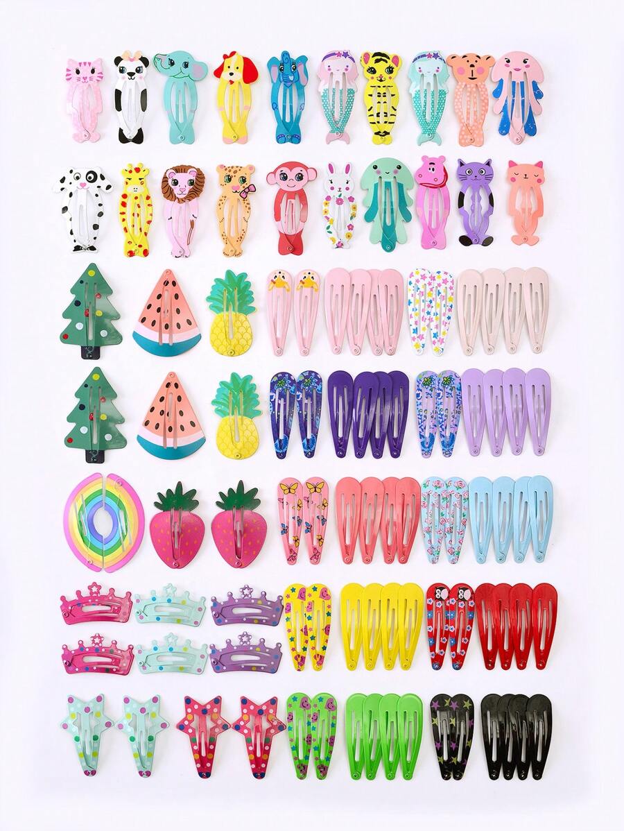 100pcs Random Pattern Girls Cartoon Monkey & Dog Design Cute Snap Clip For Hair Decoration - Multicolor - View 1