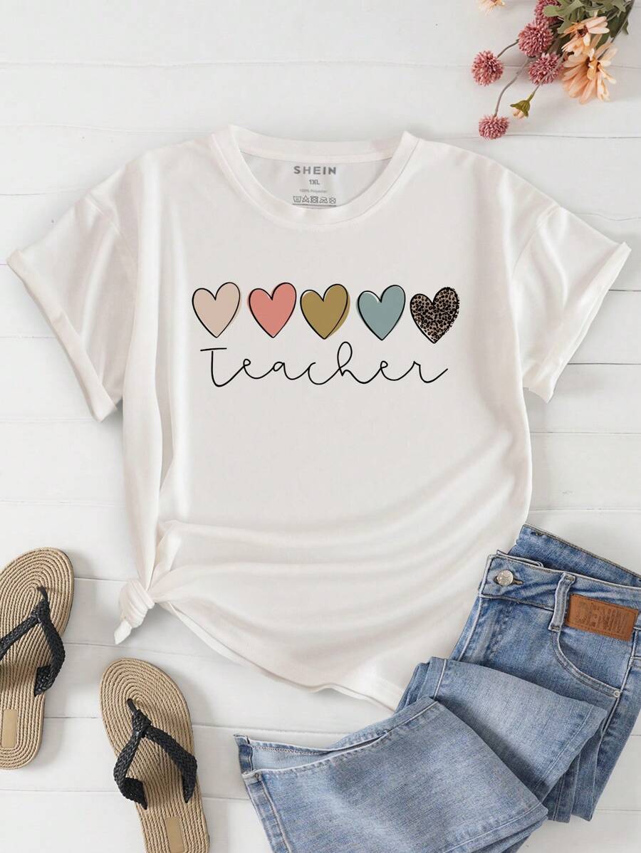 INAWLY 大碼愛心和字母圖案T恤 - 白色 - 查看 1