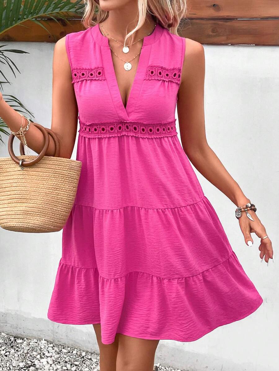 Breezaya Guipure Lace Insert Ruffle Hem Dress - Hot Pink - View 1