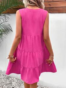 Breezaya Guipure Lace Insert Ruffle Hem Dress - Hot Pink - View 2