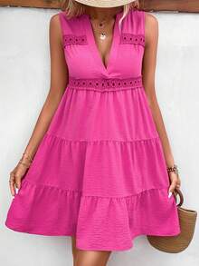 Breezaya Guipure Lace Insert Ruffle Hem Dress - Hot Pink - View 4