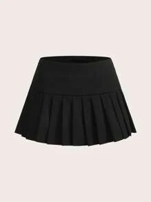 SHEIN X Doris Jocelyn SHEIN ICON Solid Pleated Hem Mini Skirt - Black - View 1