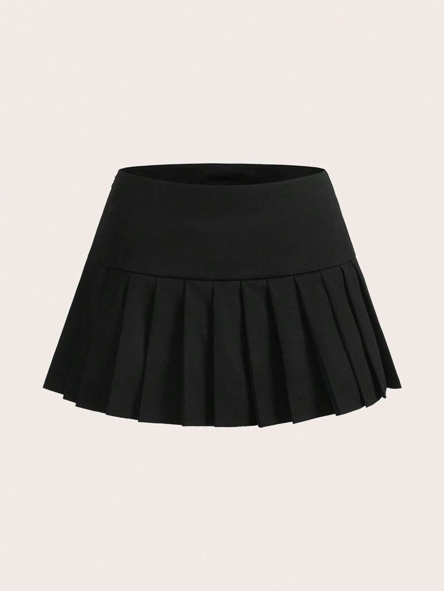 SHEIN X Doris Jocelyn SHEIN ICON Solid Pleated Hem Mini Skirt - Black - View 1