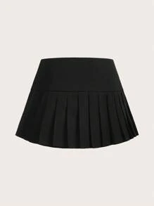 SHEIN X Doris Jocelyn SHEIN ICON Solid Pleated Hem Mini Skirt - Black - View 2