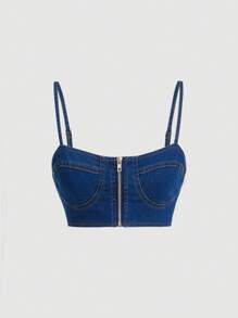 SHEIN Áo khoác denim nữ Dây kéo màu trơn Giải trí - Rửa tối - Xem 1