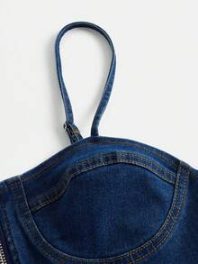 SHEIN Áo khoác denim nữ Dây kéo màu trơn Giải trí - Rửa tối - Xem 3