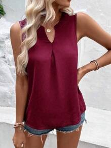 SHEIN LUNE Solid Notched Neck Sleeveless Blouse - Maroon - View 1