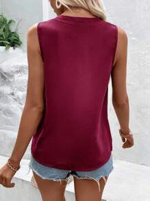 SHEIN LUNE Solid Notched Neck Sleeveless Blouse - Maroon - View 2