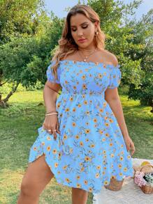 Flirla Plus Floral Print Off Shoulder Ruffle Hem Summer Boho Dress Vacation Beach Outfits Women - Baby Blue - View 4