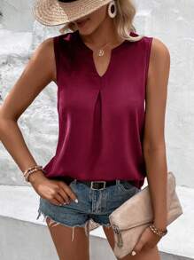 SHEIN LUNE Solid Notched Neck Sleeveless Blouse - Maroon - View 4