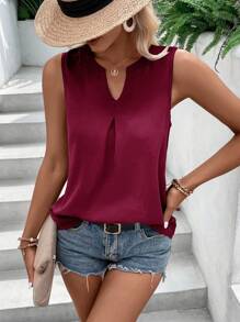 SHEIN LUNE Solid Notched Neck Sleeveless Blouse - Maroon - View 5