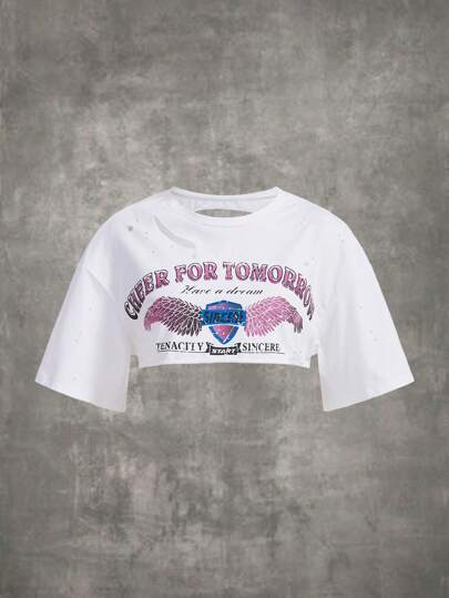 Letter Graphic Ripped Crop Top
