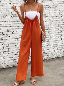 SHEIN LUNE Solid Wide Leg Cami Jumpsuit Without Tube Top - Orange - View 3