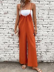 SHEIN LUNE Solid Wide Leg Cami Jumpsuit Without Tube Top - Orange - View 4