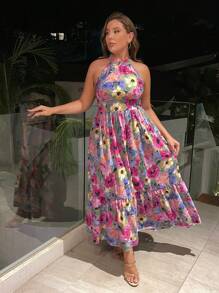 SHEIN Holidaya Đầm Plus Size Viên lá sen Hoa Tất cả trên in Boho - Nhiều màu - Xem 4