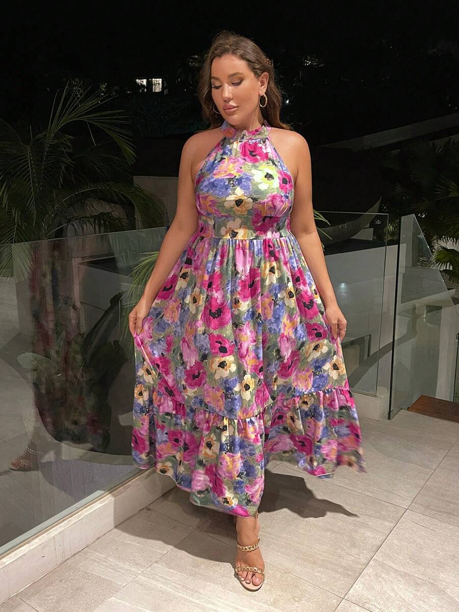 SHEIN Holidaya Đầm Plus Size Viên lá sen Hoa Tất cả trên in Boho - Nhiều màu - Xem 1