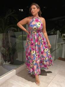 SHEIN Holidaya Đầm Plus Size Viên lá sen Hoa Tất cả trên in Boho - Nhiều màu - Xem 6