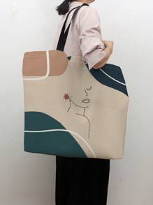 超大号图案购物袋 拼色学院风书包，容量大，便携，可折叠，经典休闲，适合少女女大学生，非常适合返校、大学、小学、初中、高中、工作、商务、通勤、购物、度假 - 彩色 - 查看 5