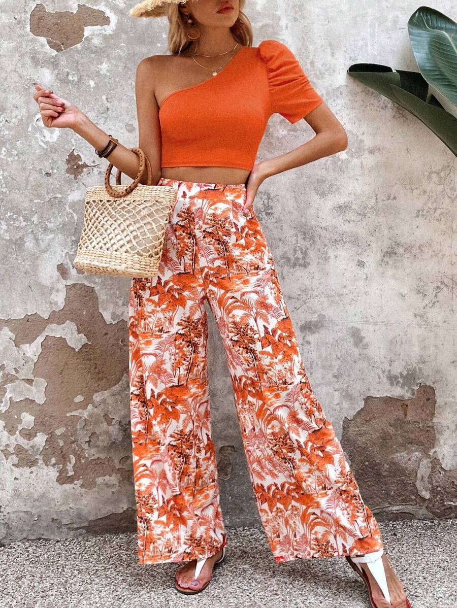 SHEIN VCAY One Shoulder Crop Top & Floral Print Wide Leg Trousers - Orange - View 1