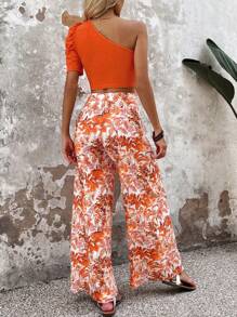 SHEIN VCAY One Shoulder Crop Top & Floral Print Wide Leg Trousers - Orange - View 2