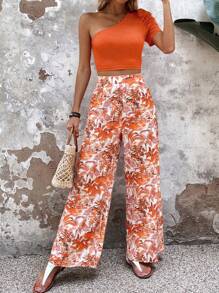 SHEIN VCAY One Shoulder Crop Top & Floral Print Wide Leg Trousers - Orange - View 4
