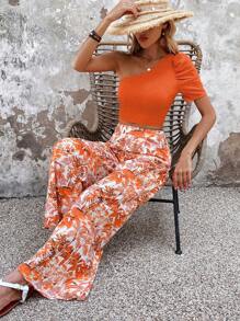 SHEIN VCAY One Shoulder Crop Top & Floral Print Wide Leg Trousers - Orange - View 5