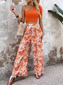 SHEIN VCAY One Shoulder Crop Top & Floral Print Wide Leg Trousers - Orange - View 6