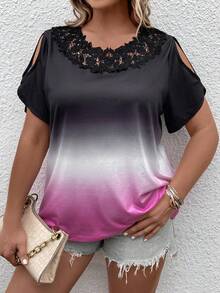SHEIN LUNE Plus Ombre Contrast Lace Cold Shoulder Tee - Multicolor - View 4