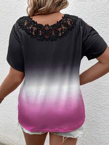 SHEIN LUNE Plus Ombre Contrast Lace Cold Shoulder Tee - Multicolor - View 2