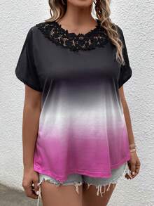 SHEIN LUNE Plus Ombre Contrast Lace Cold Shoulder Tee - Multicolor - View 3