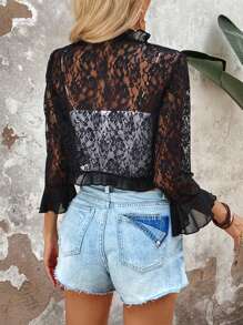 SHEIN VCAY Cazadora de manga con volante ribete con fruncido con parte delantera abierta crop con encaje - Negro - Ver 2