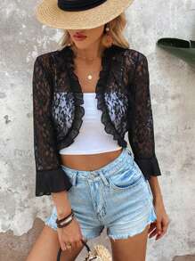 SHEIN VCAY Cazadora de manga con volante ribete con fruncido con parte delantera abierta crop con encaje - Negro - Ver 6