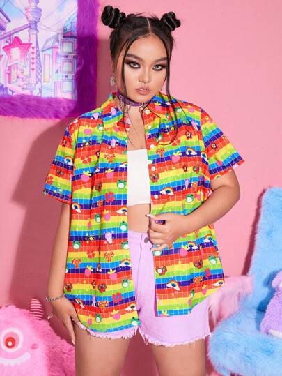 Kawaii Chemise À Rayures Arc-En-Ciel & Dessin Animé