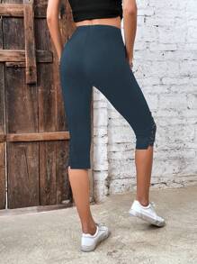 SHEIN LUNE Quần tất nữ Cắt ra Sò điệp màu trơn Giải trí - Màu xanh ngọc - Xem 2